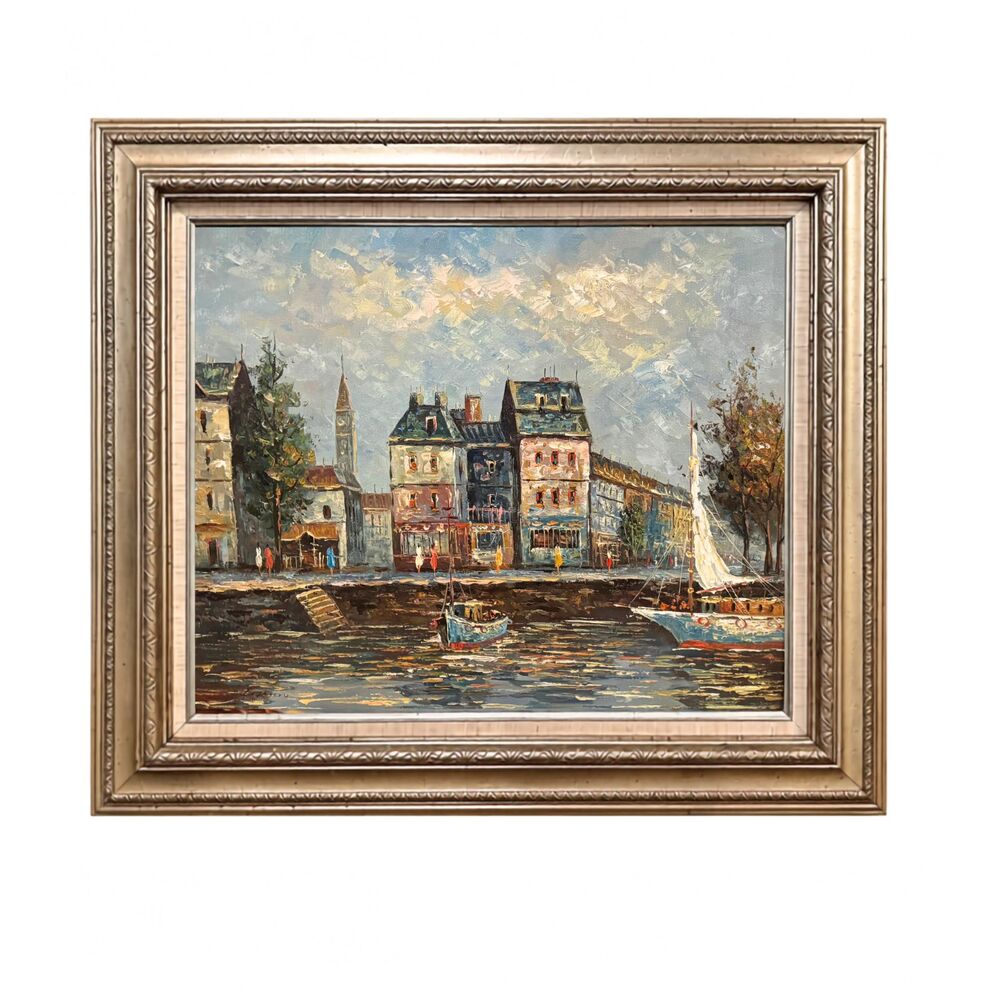 Vintage Mid-Century Impressionist Harbor Oil Painting – Signed "Bogarin"